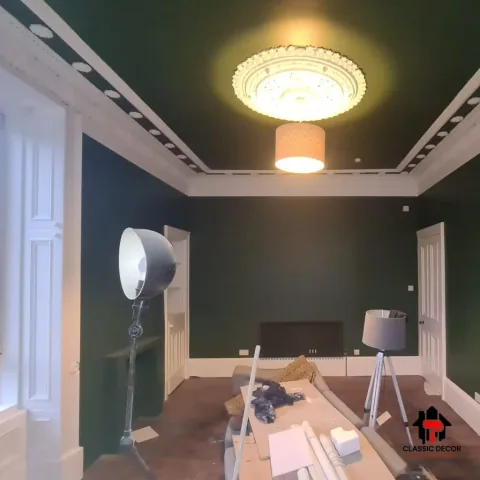 Decorative plasterwork being prepared in a green room
