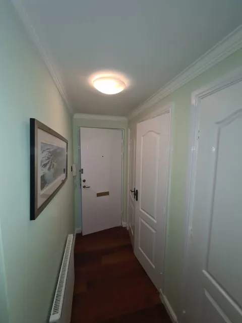 Hallway with light green walls and white doors
