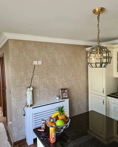 Kitchen with a patterned wall and gold pendant light